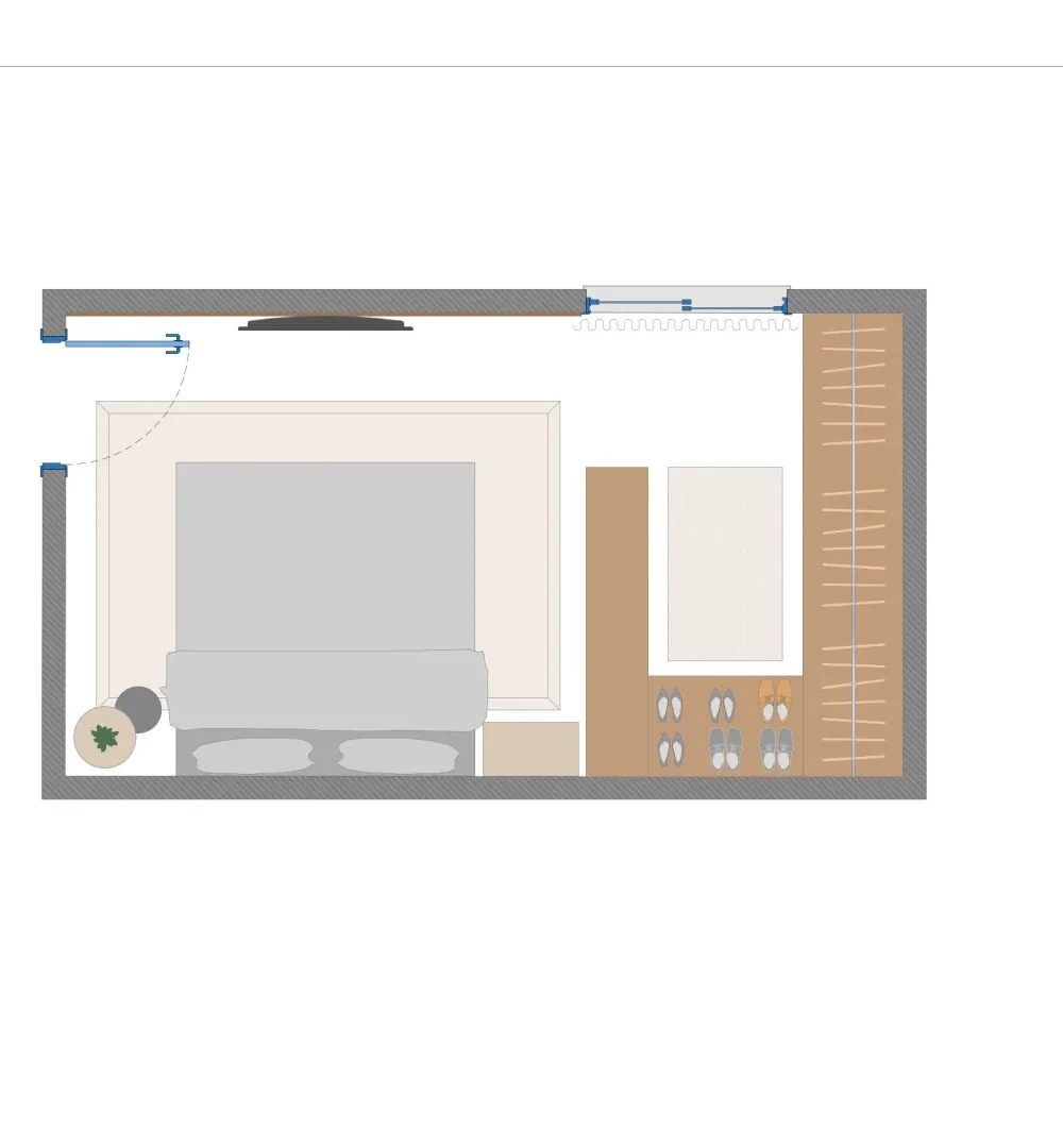 Planta humanizada de projeto de quarto de casal com closet · ARQYA Projetos