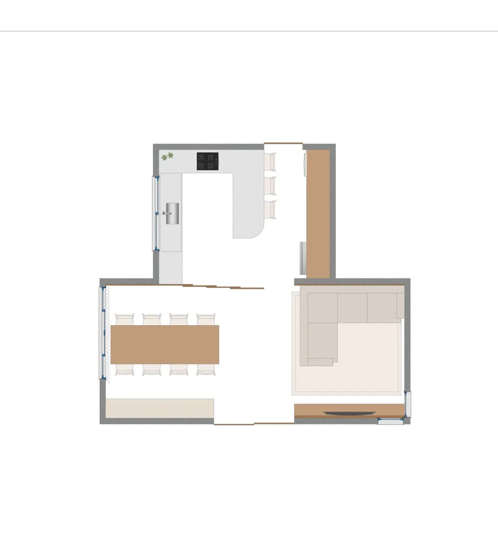 Planta humanizada de projeto de cozinha integrada e living · ARQYA Projetos